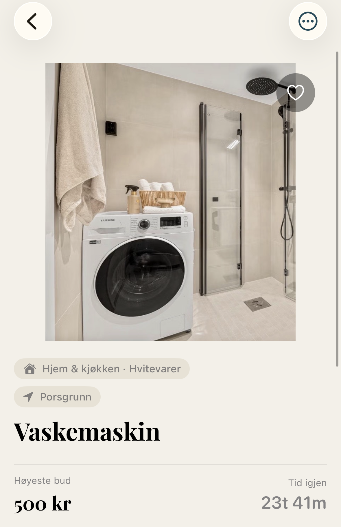 Skjermbilde som viser høyeste bud og tid igjen på en annonse