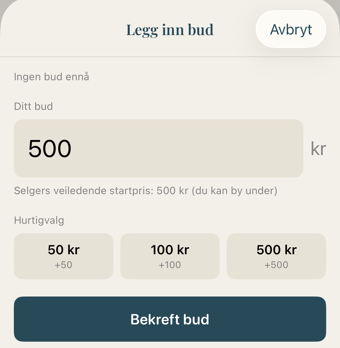 Skjermbilde av bud-skjemaet i appen